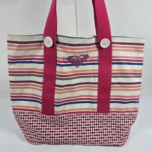 Roxy Striped Canvas Tote Bag Pink Purple Beach Travel Shoulder Handbag Large Y2K